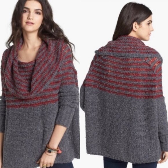 Free People Mohair Wool Linen Knit Engineer Sweater Grey Cowl Neck Fair‎ Isle XS - Picture 2 of 13